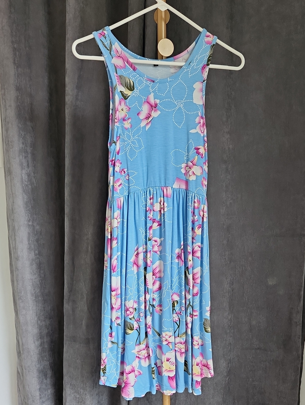 Blue Floral Sleeveless Midi Dress with Pink Flowers